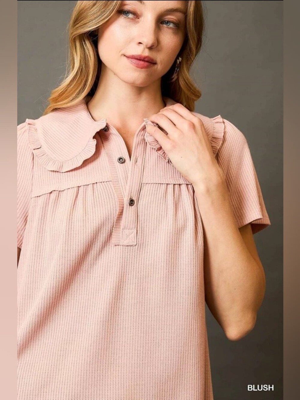 Umgee Pink Waffle Ruffle Collard Short Sleeve Top Size Small